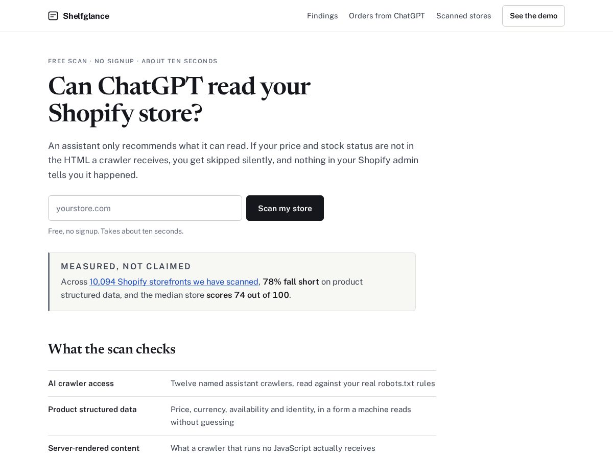 Landing-page snapshot of shelfglance.com