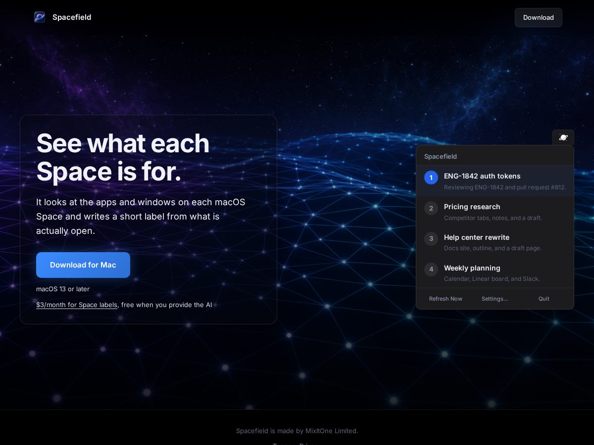 Landing-page snapshot of spacefield.app