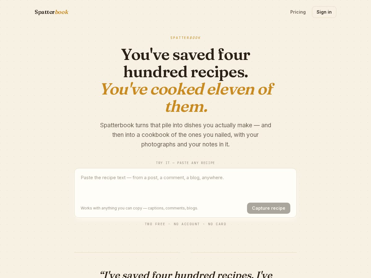 Landing-page snapshot of spatterbook.app