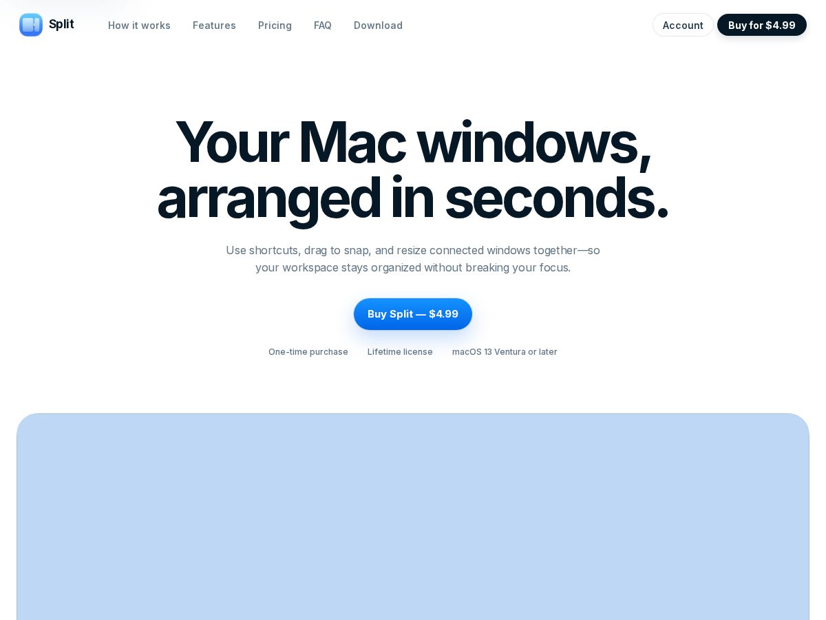 Landing-page snapshot of splitformac.com