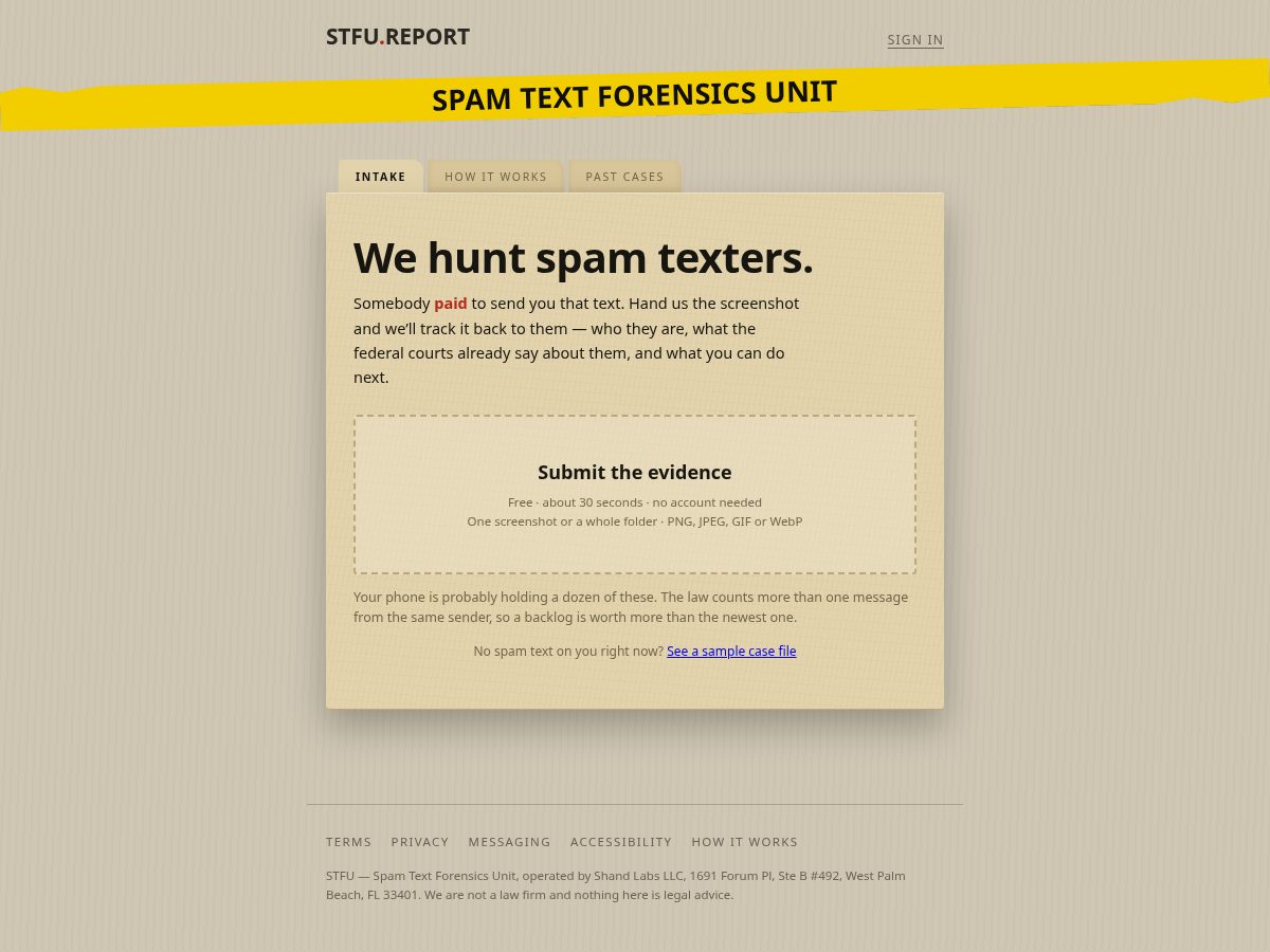 Landing-page snapshot of stfu.report