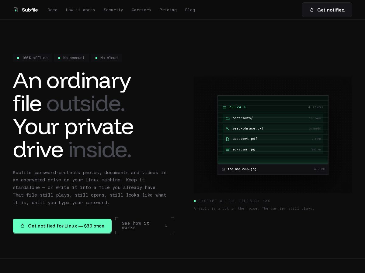 Landing-page snapshot of subfile.app