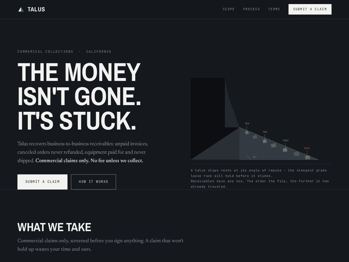 Landing-page snapshot of taluscollect.com