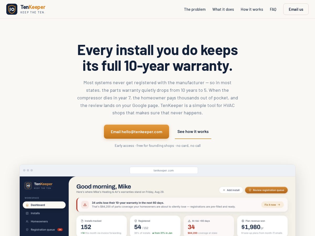 Landing-page snapshot of tenkeeper.com