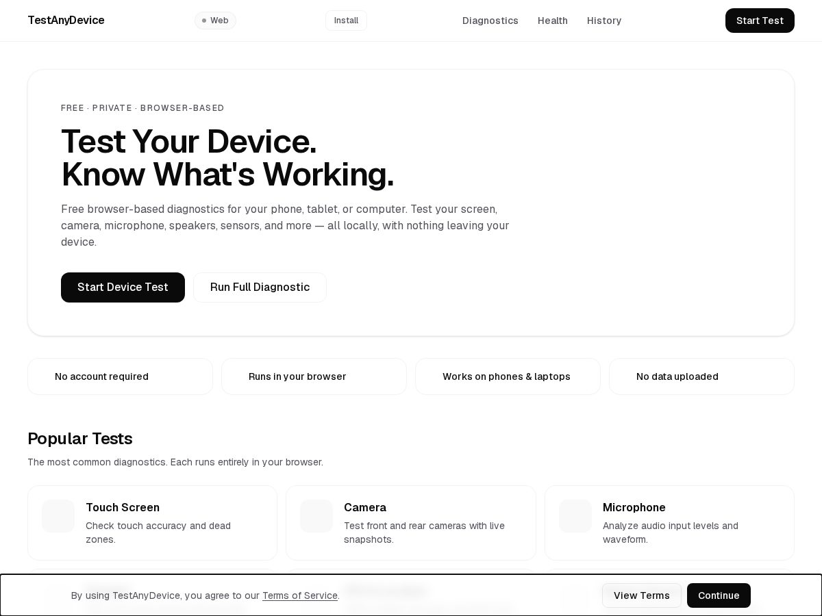 Landing-page snapshot of testanydevice.com