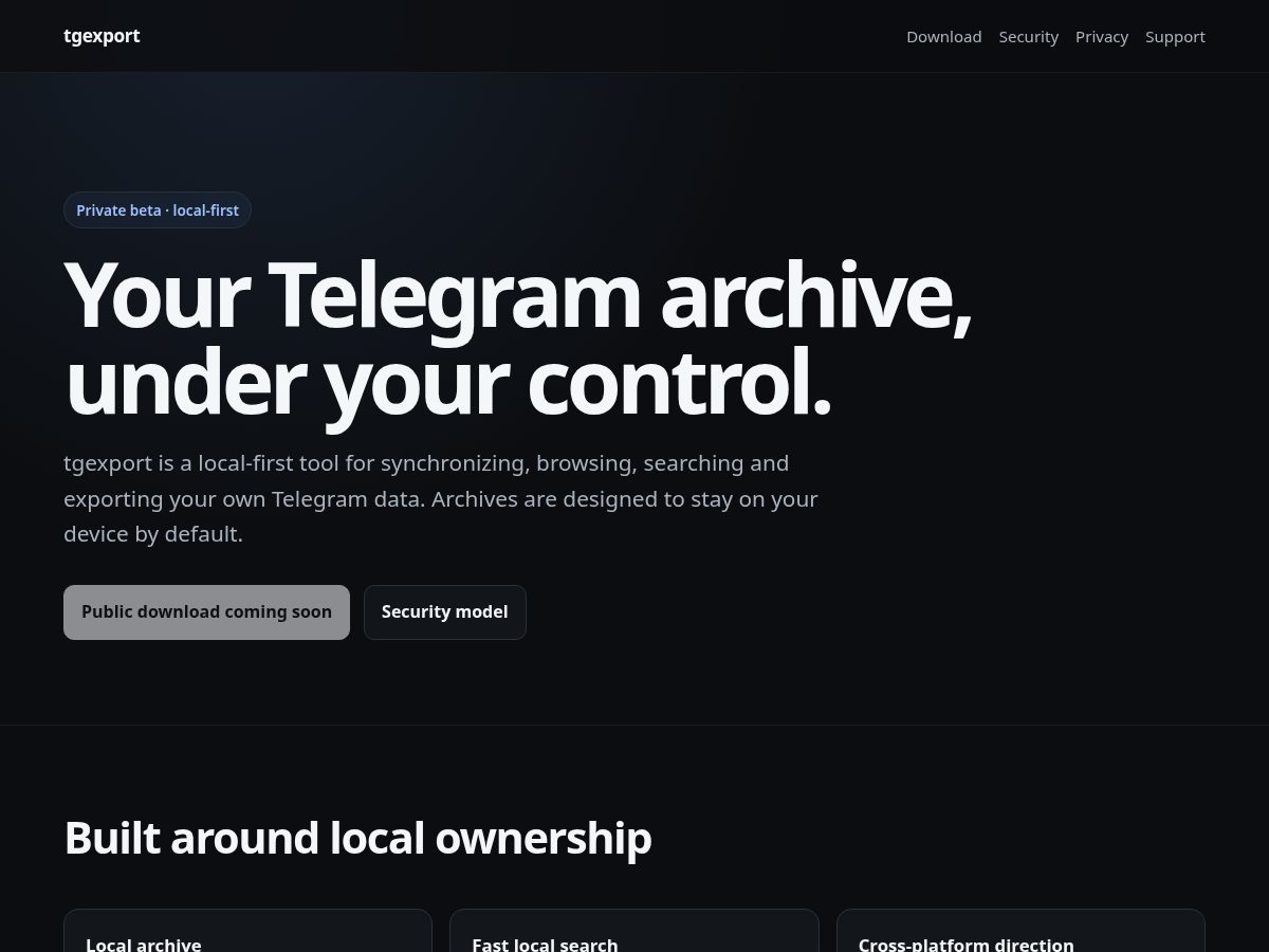 Landing-page snapshot of tgexport.app