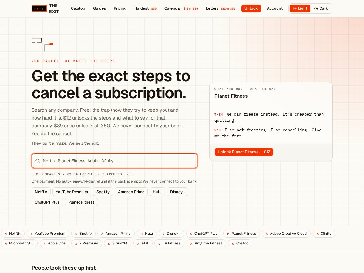 Landing-page snapshot of theexit.app