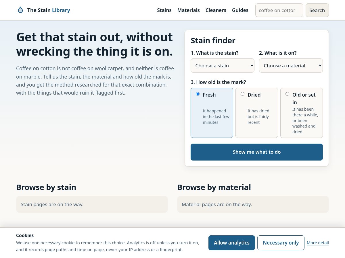 Landing-page snapshot of thestainlibrary.com