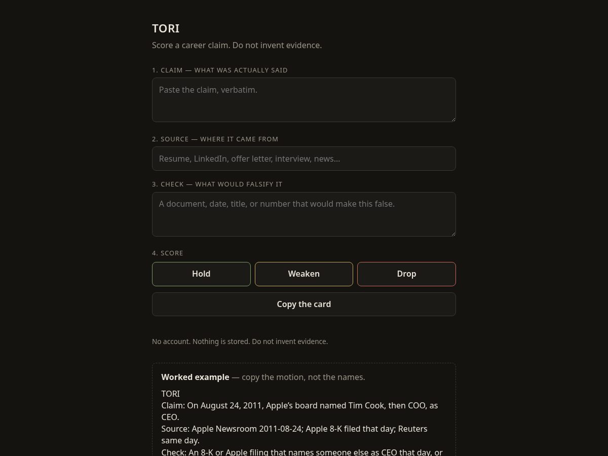 Landing-page snapshot of toriscore.com