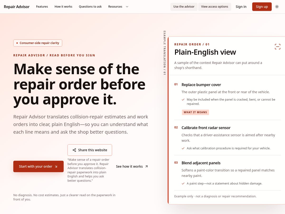 Landing-page snapshot of tryrepairadvisor.com