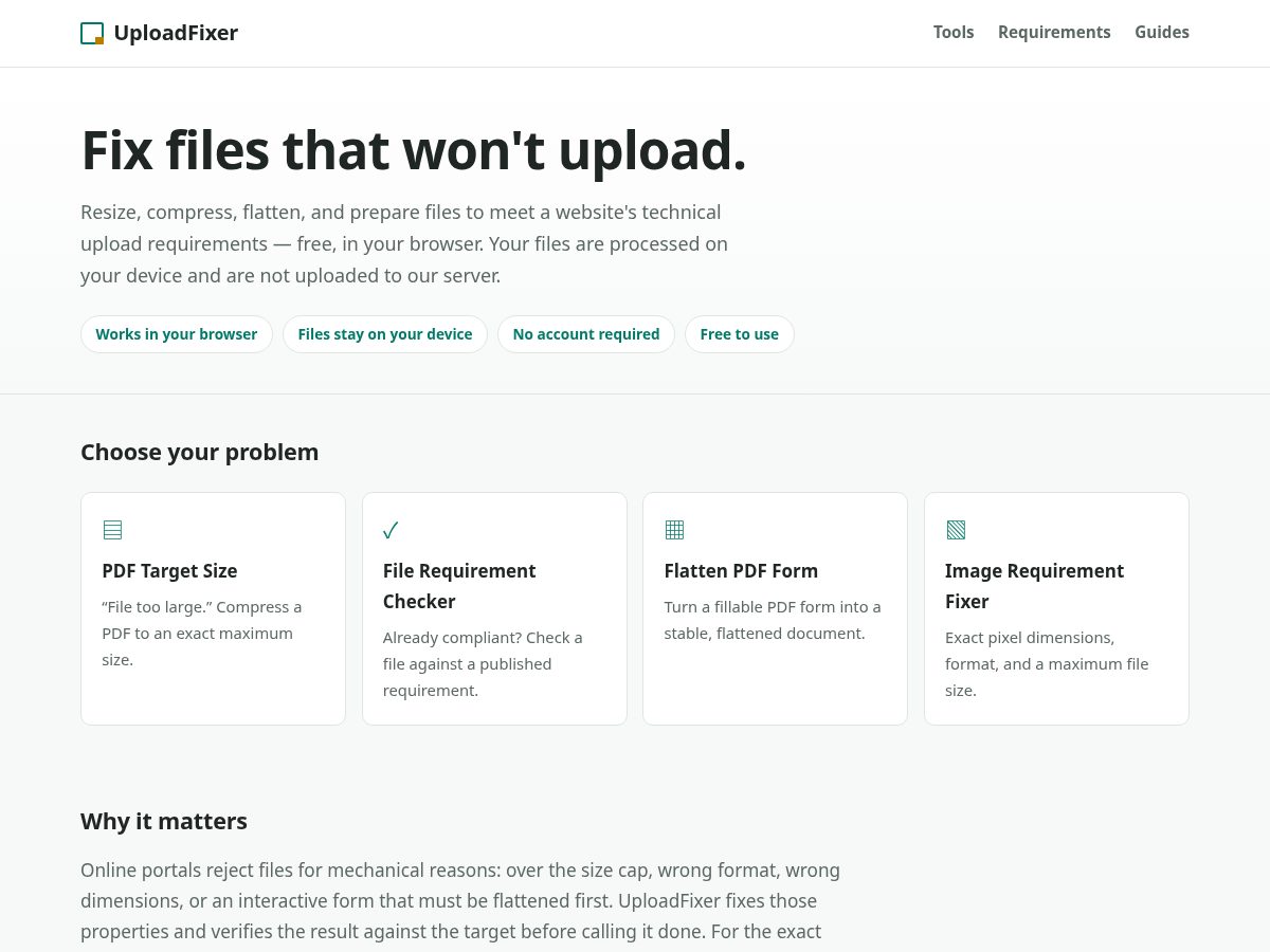 Landing-page snapshot of uploadfixer.com