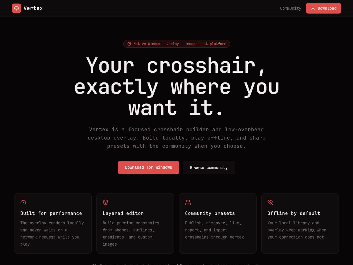 Landing-page snapshot of vertexcrosshair.app