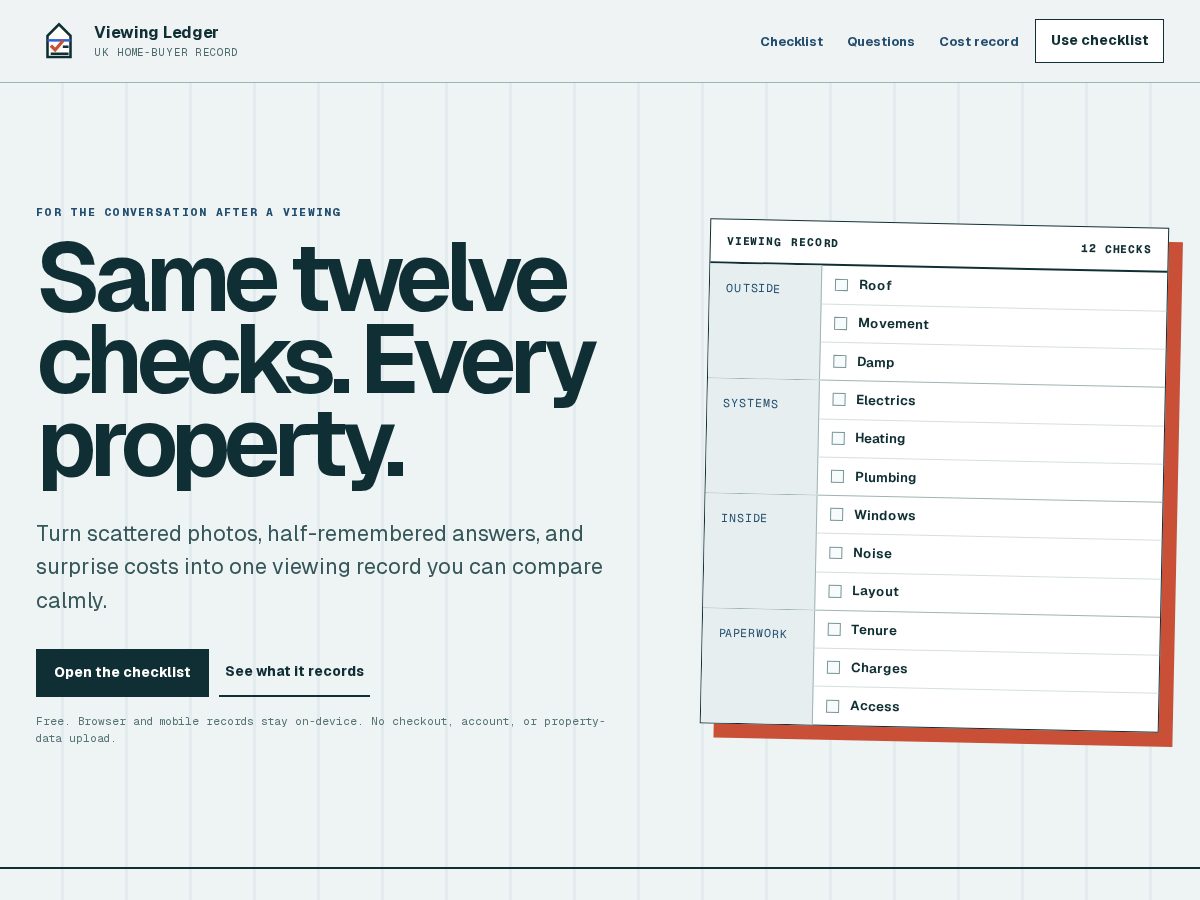 Landing-page snapshot of viewingledger.com