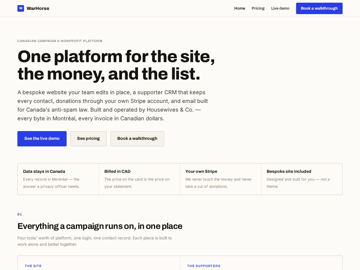 Landing-page snapshot of warhorseapp.com