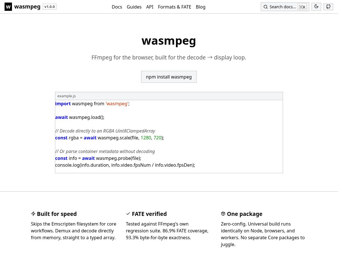 Landing-page snapshot of wasmpeg.com