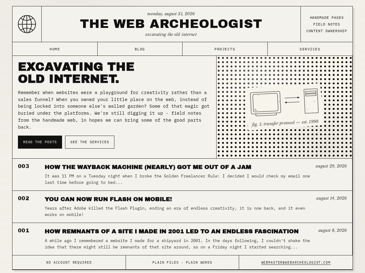 Landing-page snapshot of webarcheologist.com