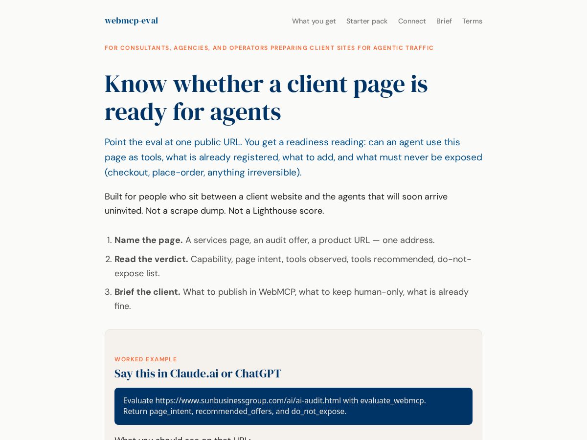 Landing-page snapshot of webmcp-eval.com