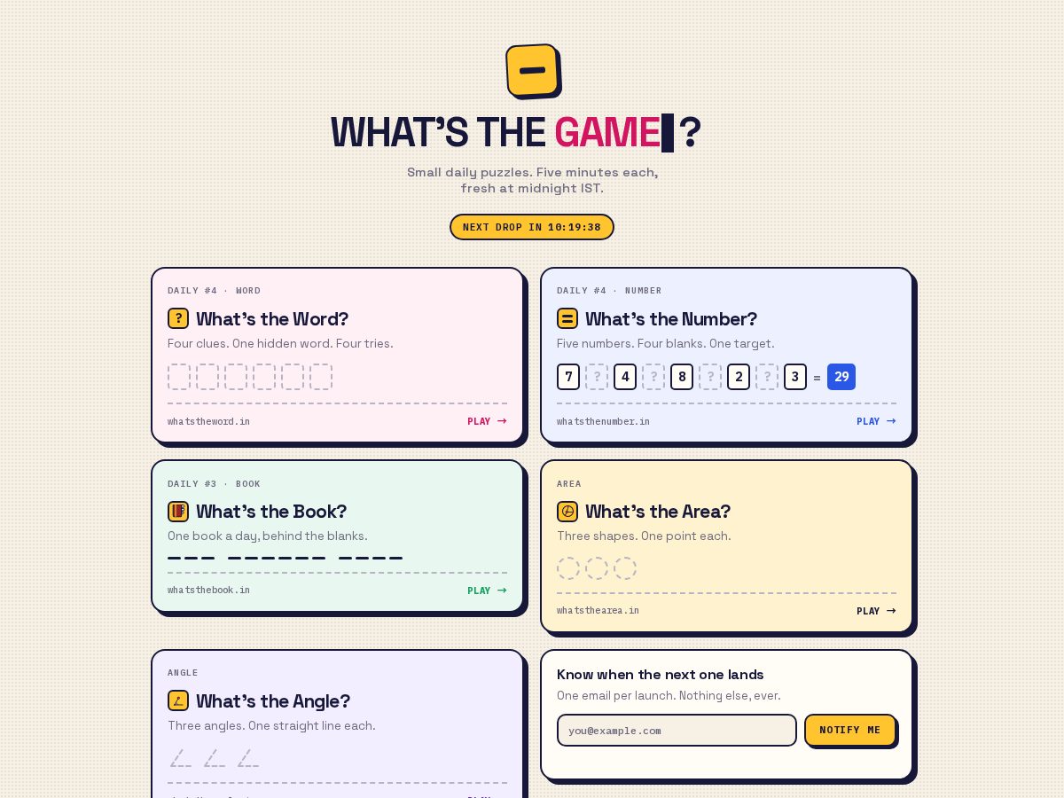 Landing-page snapshot of whatsthegame.fun