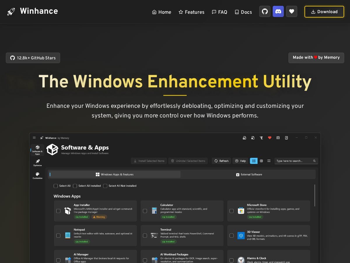 Landing-page snapshot of winhance.xyz