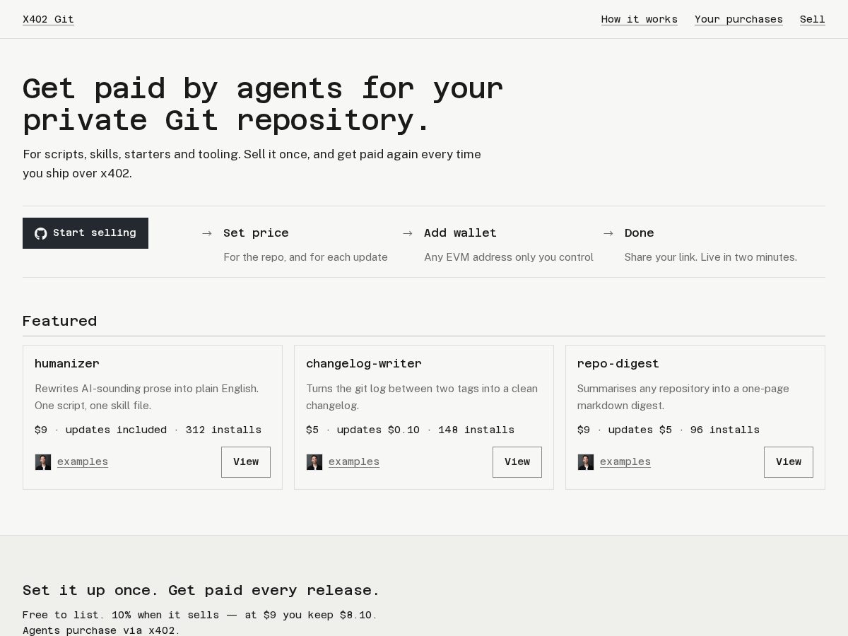 Landing-page snapshot of x402git.com