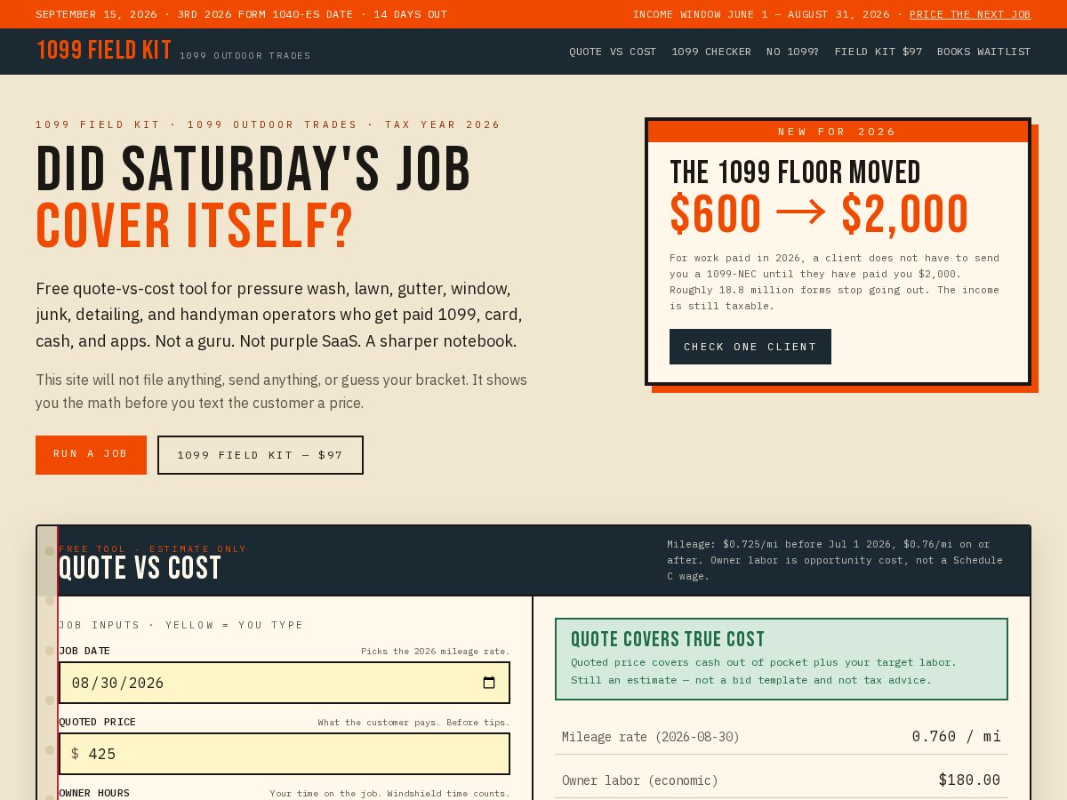 Landing-page snapshot of 1099fieldkit.com