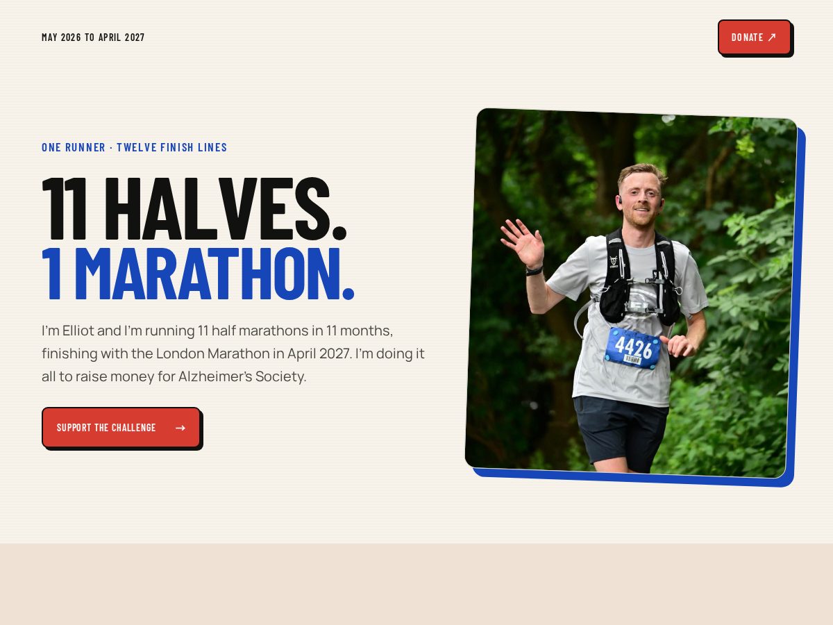 Landing-page snapshot of 11halves1marathon.run