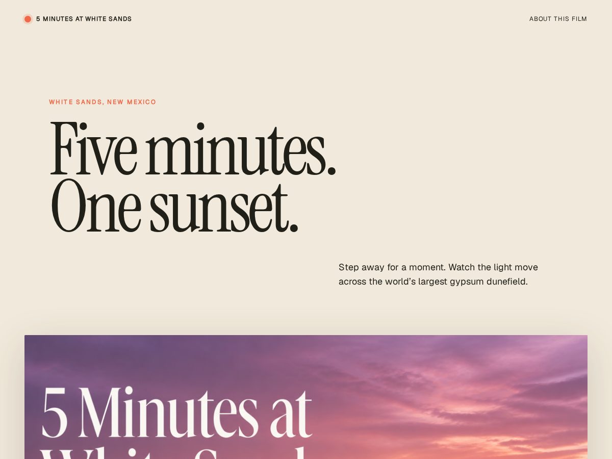 Landing-page snapshot of 5minsunsetinwhitesands.world