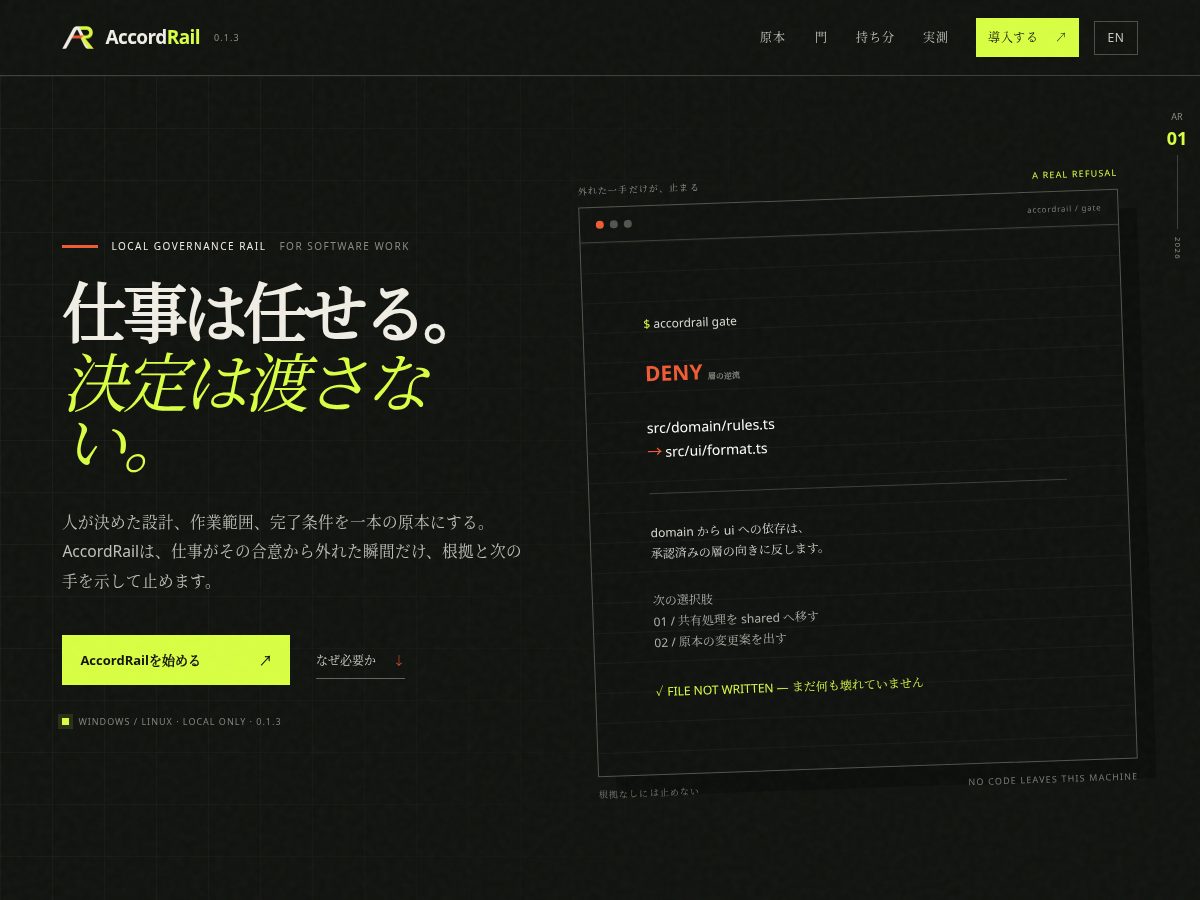 Landing-page snapshot of accordrail.dev