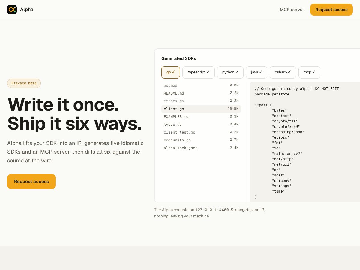 Landing-page snapshot of alphasdk.dev
