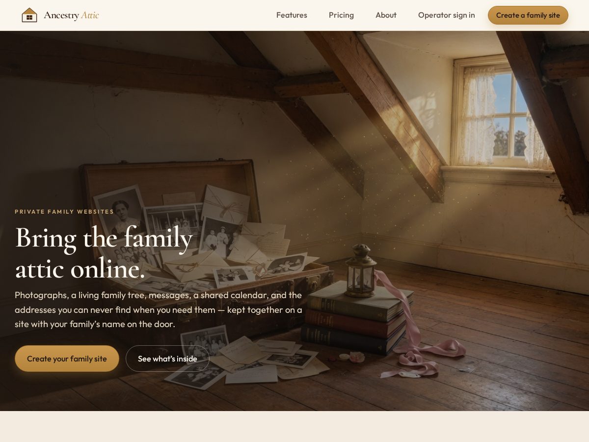 Landing-page snapshot of ancestryattic.family