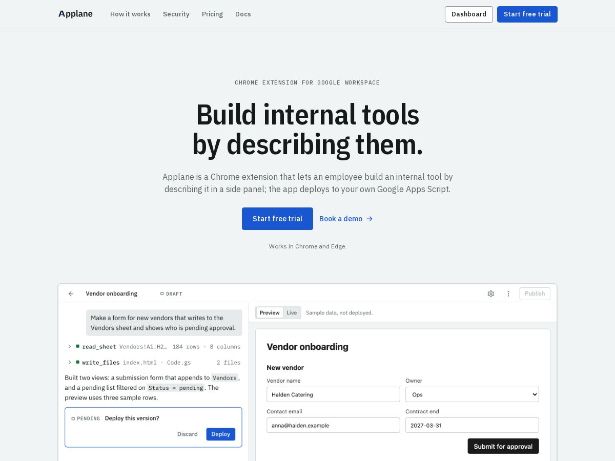 Landing-page snapshot of applane.dev
