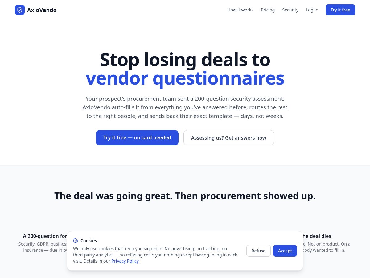 Landing-page snapshot of axiovendo.com
