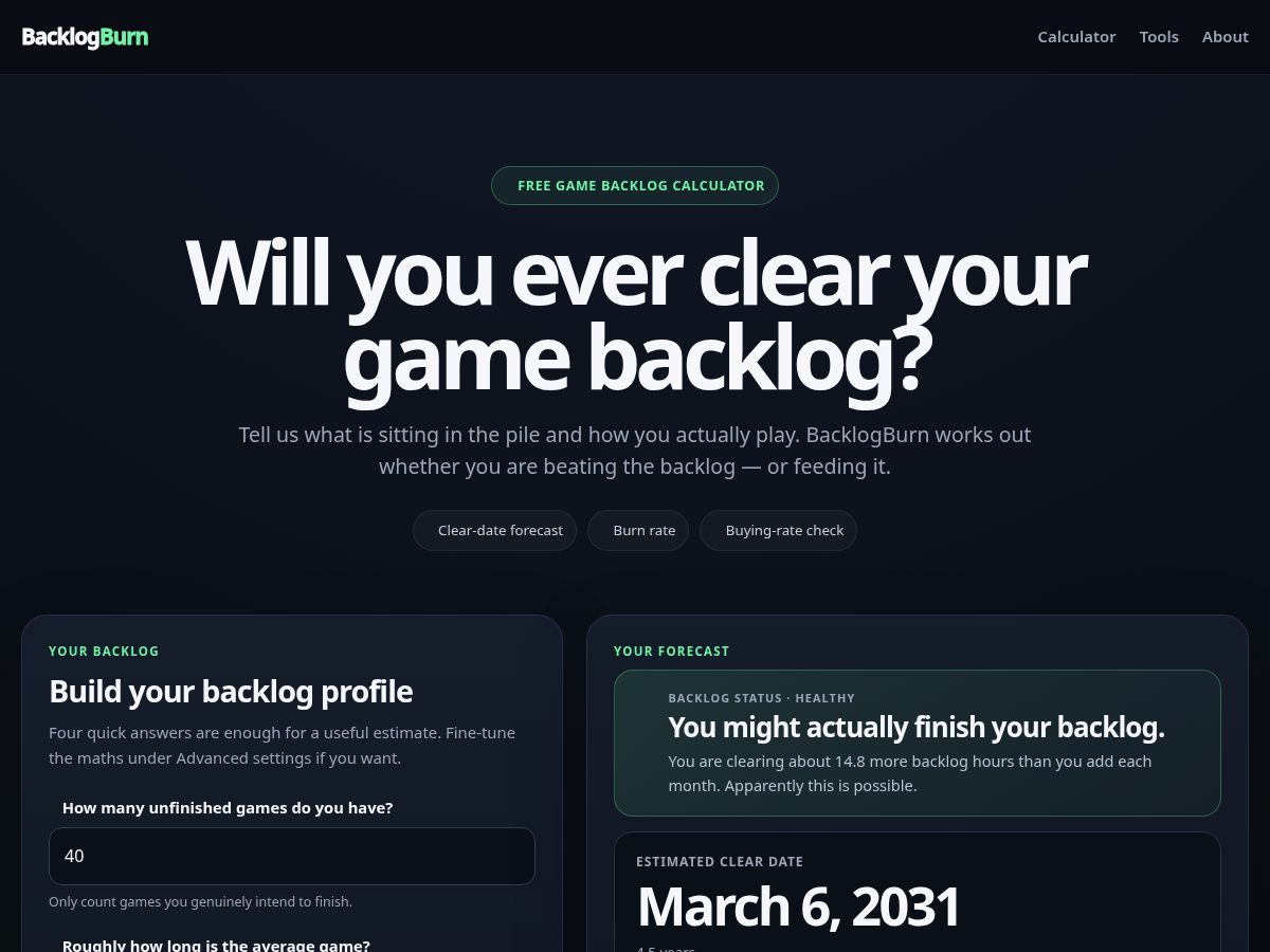 Landing-page snapshot of backlogburn.com