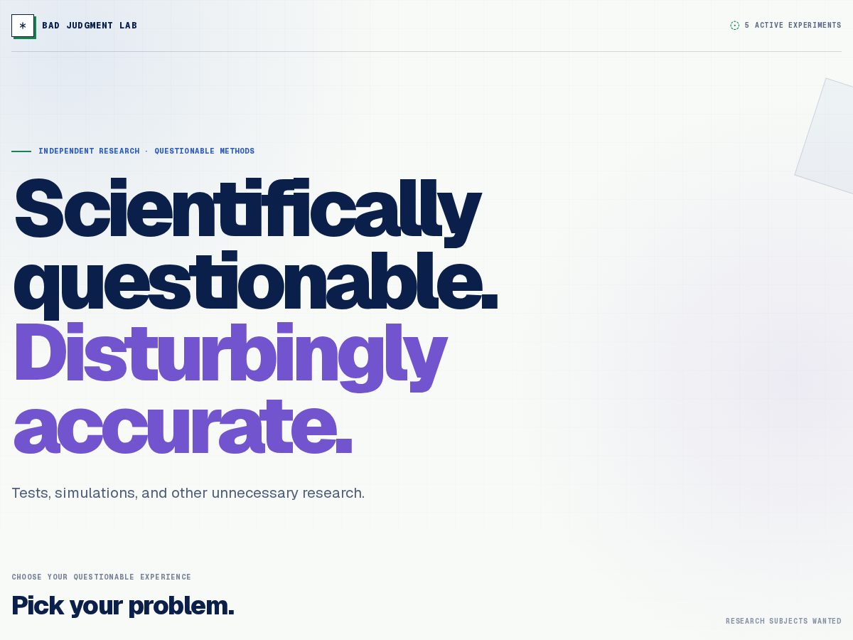 Landing-page snapshot of badjudgmentlab.com