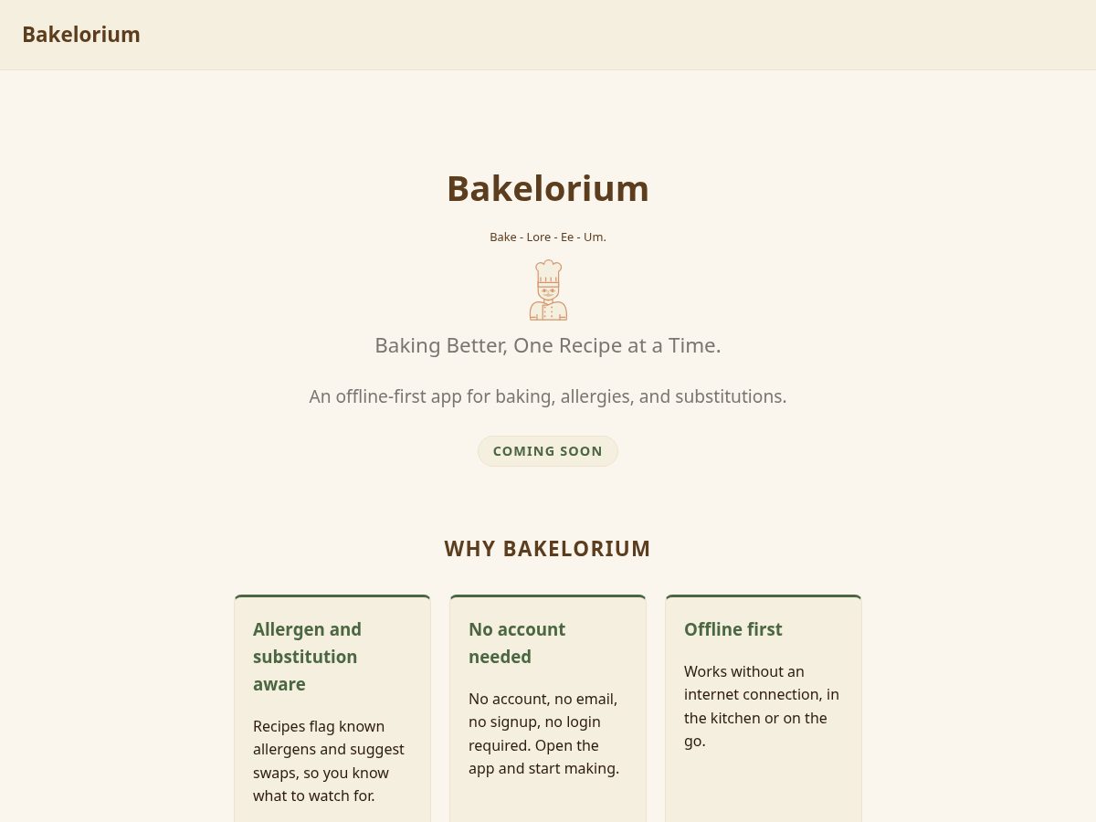 Landing-page snapshot of bakeloreium.com