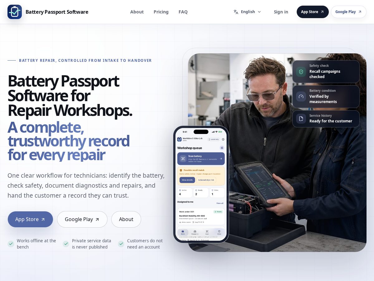 Landing-page snapshot of batterypassportmanager.com