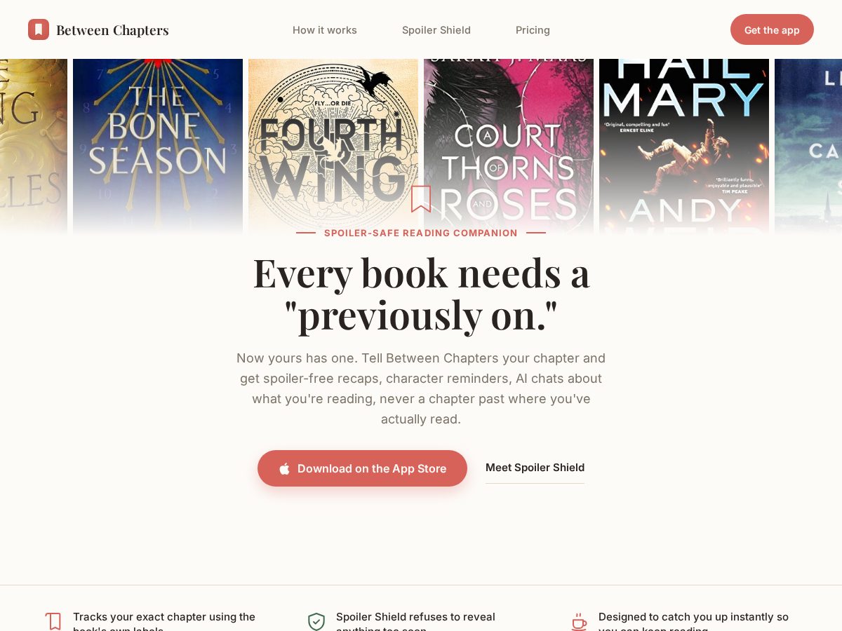 Landing-page snapshot of betweenchaptersapp.com