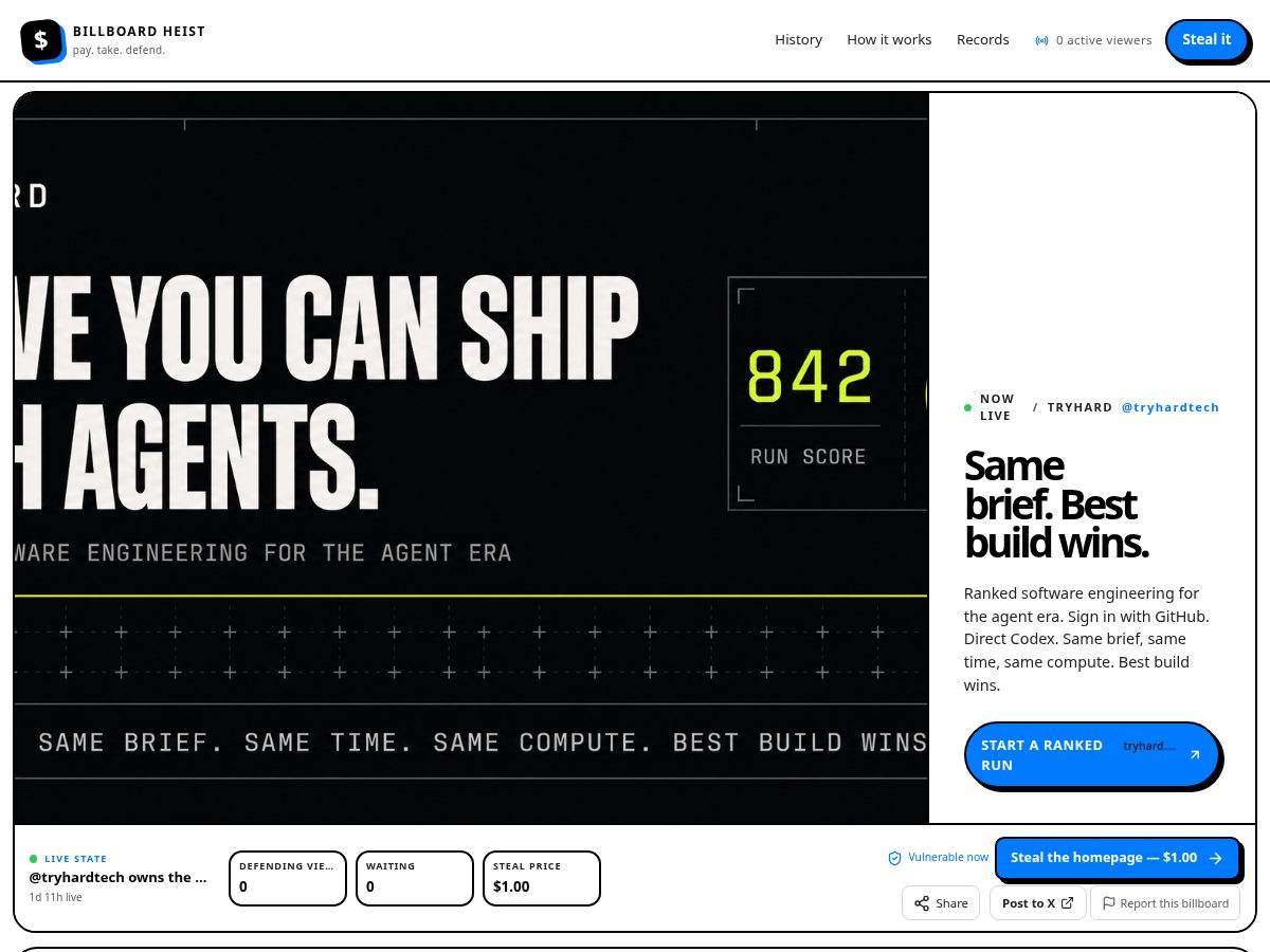 Landing-page snapshot of billboardheist.com