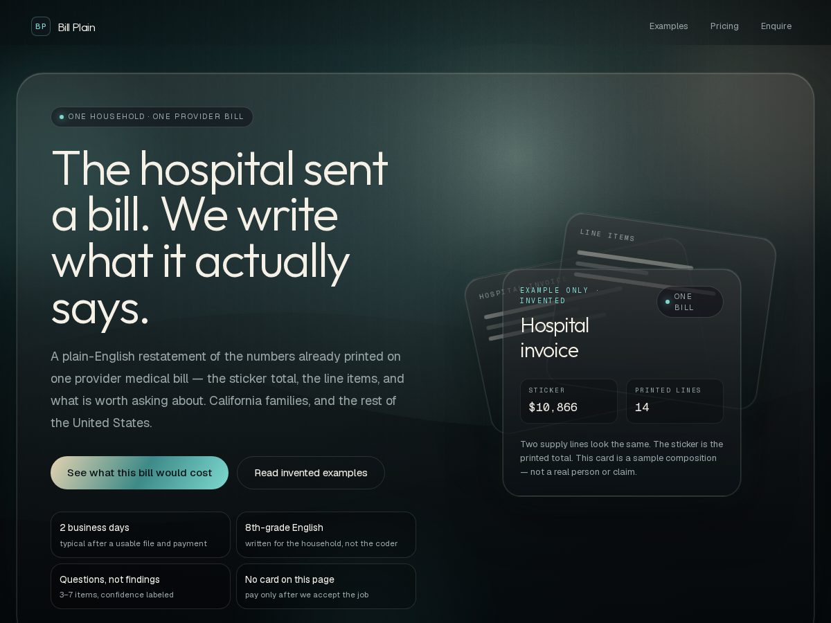 Landing-page snapshot of billplain.com