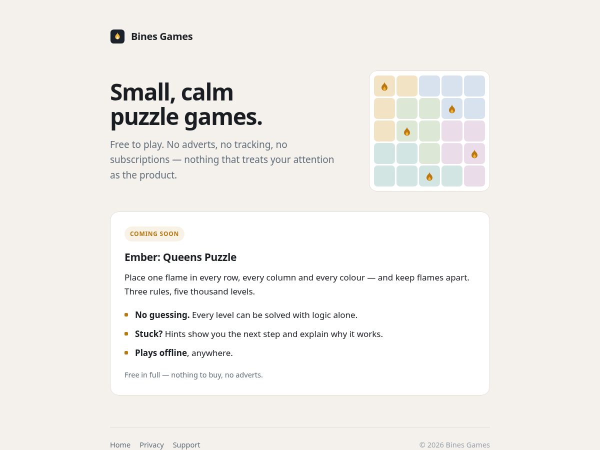 Landing-page snapshot of binesgames.com