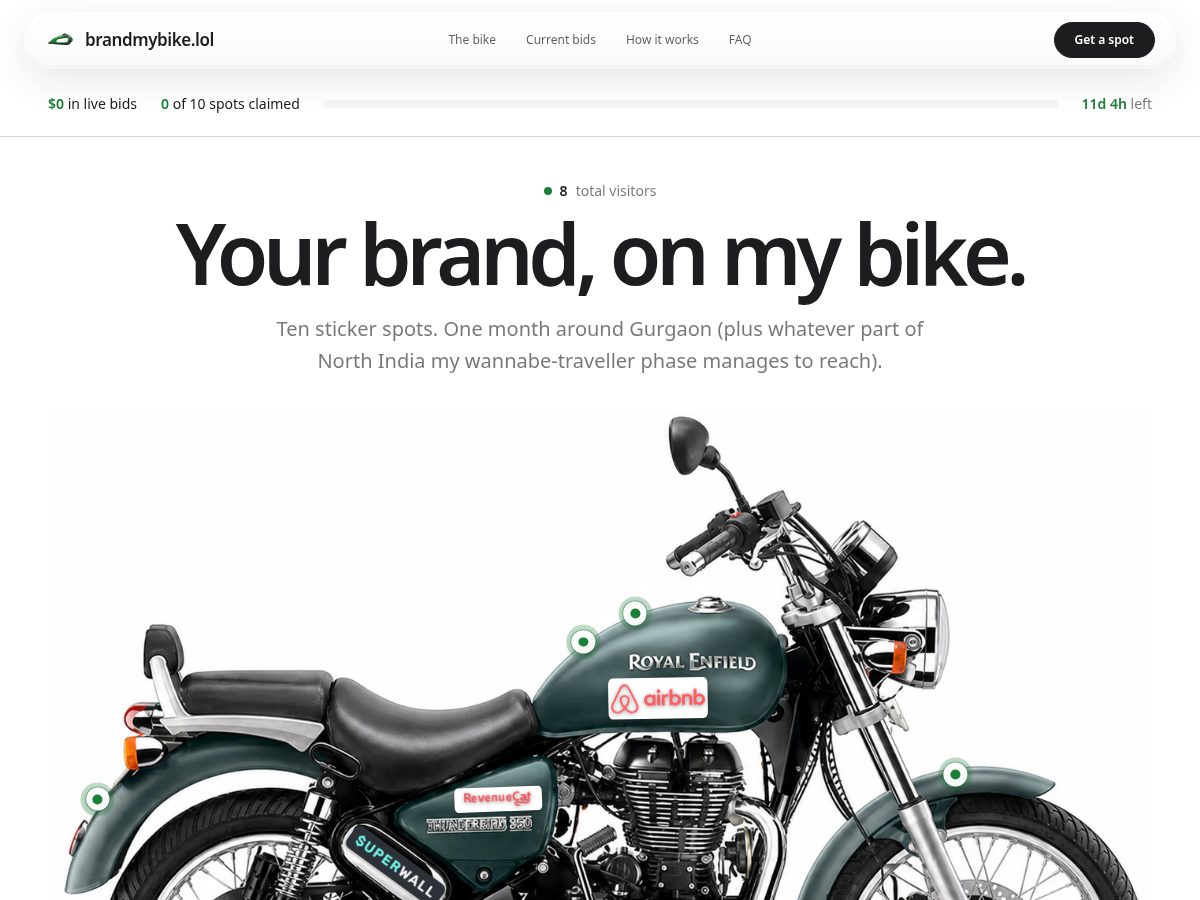 Landing-page snapshot of brandmybike.lol
