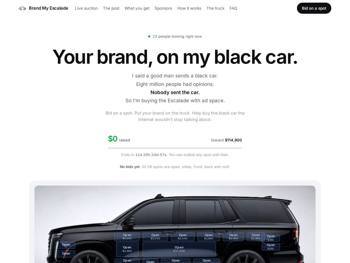Landing-page snapshot of brandmyescalade.com