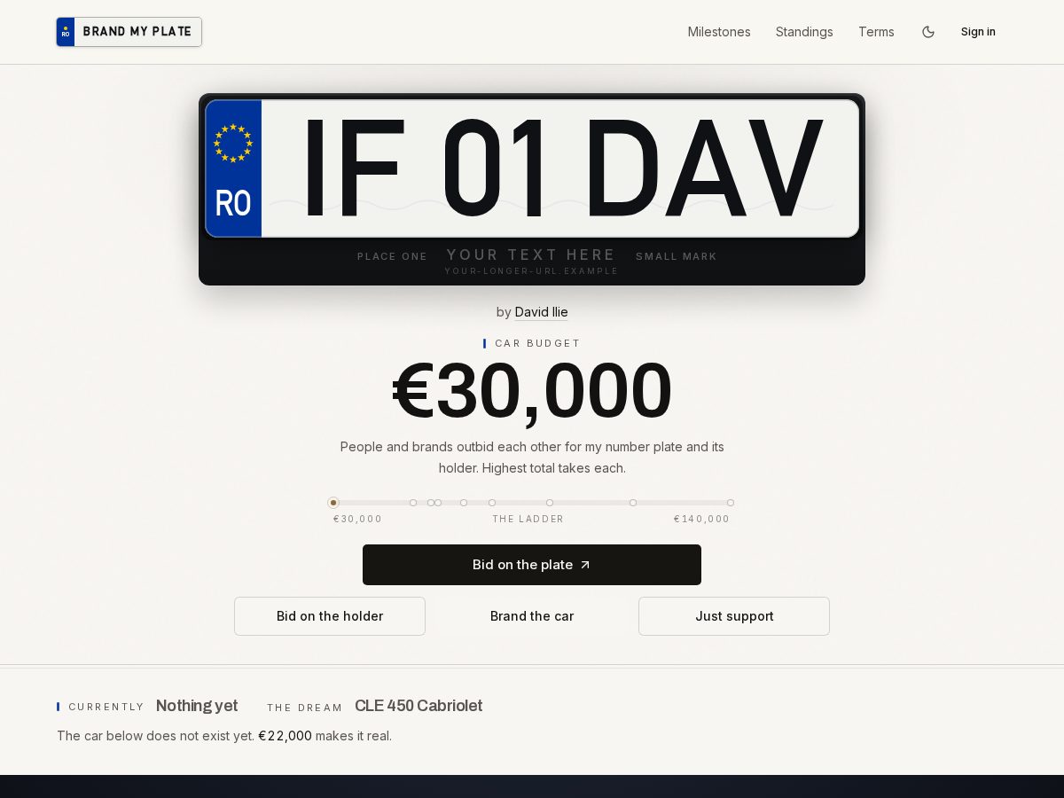 Landing-page snapshot of brandmyplates.lol