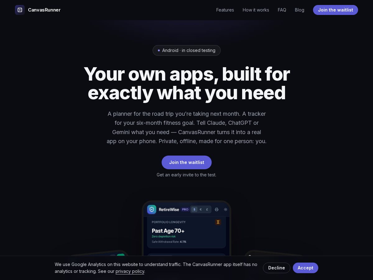 Landing-page snapshot of canvasrunner.com