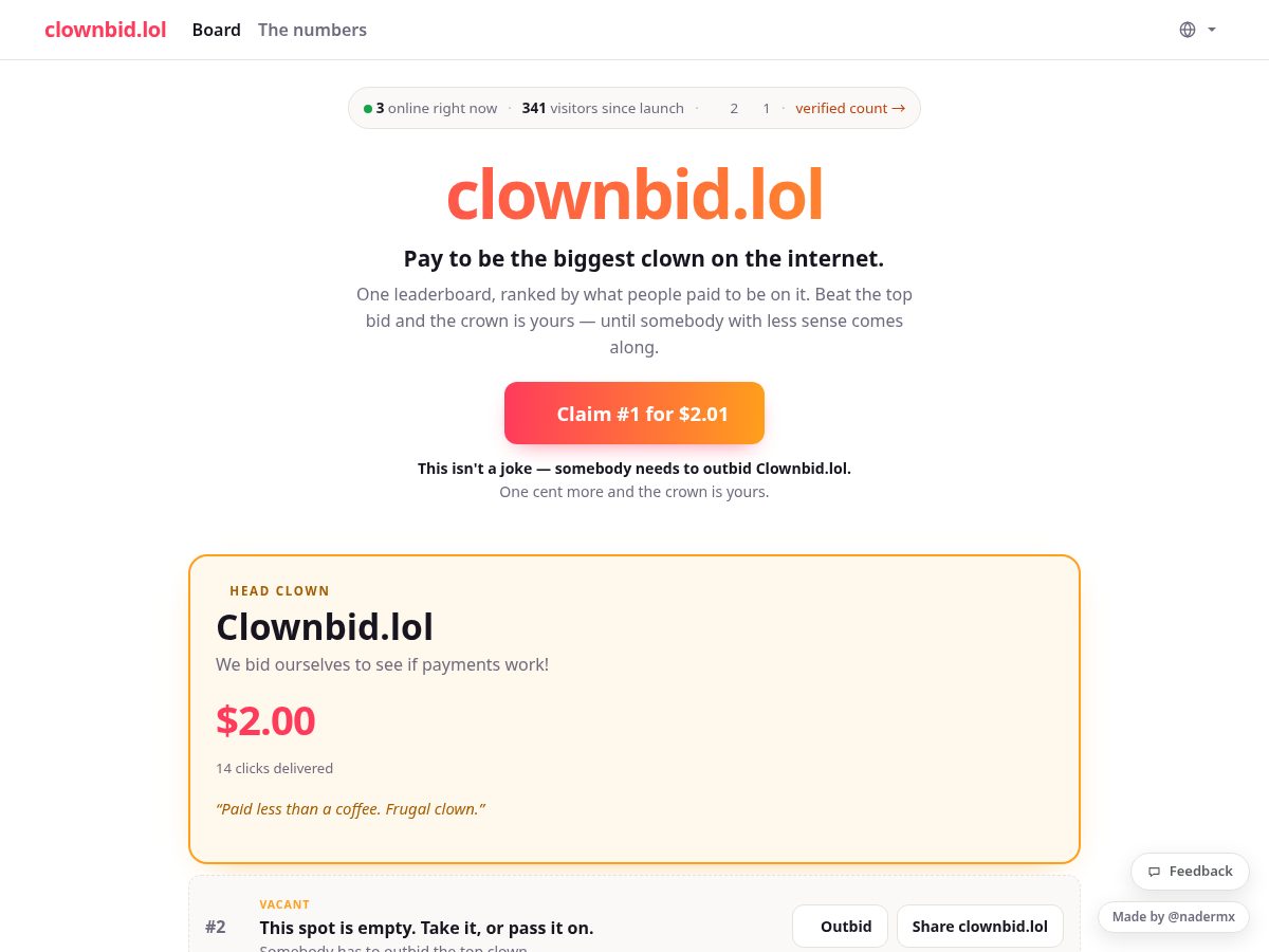 Landing-page snapshot of clownbid.lol