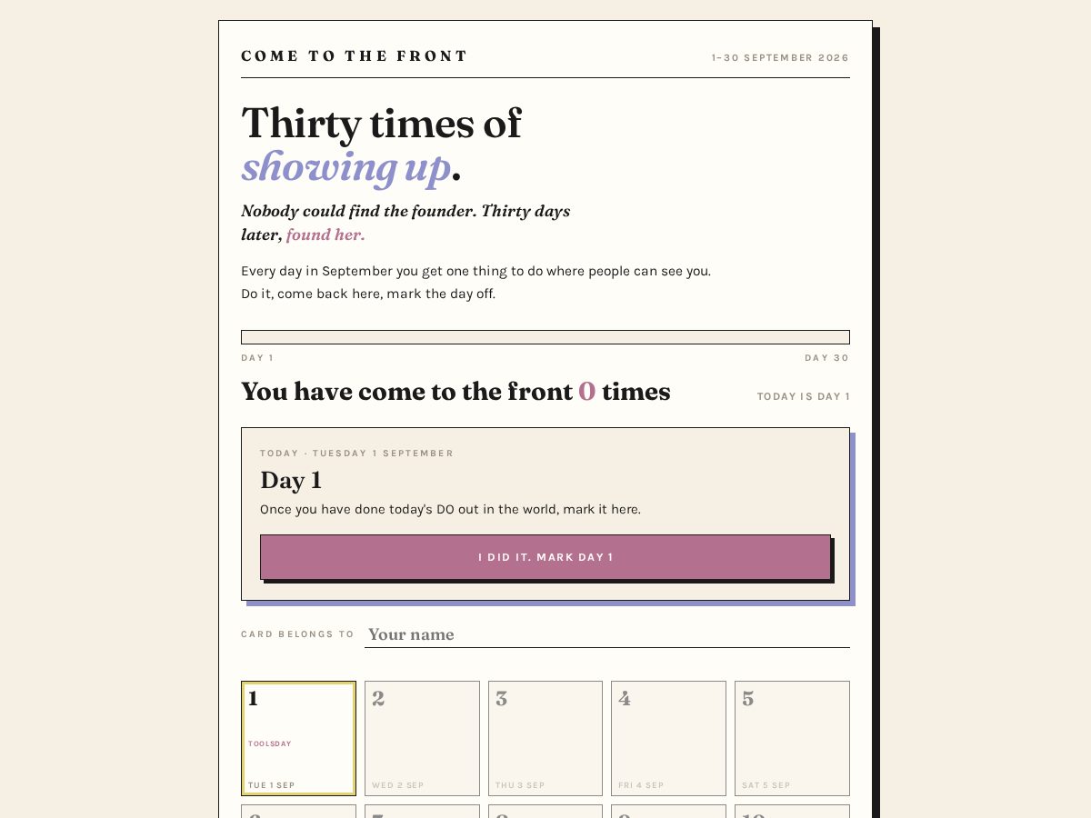 Landing-page snapshot of cometothefront.com