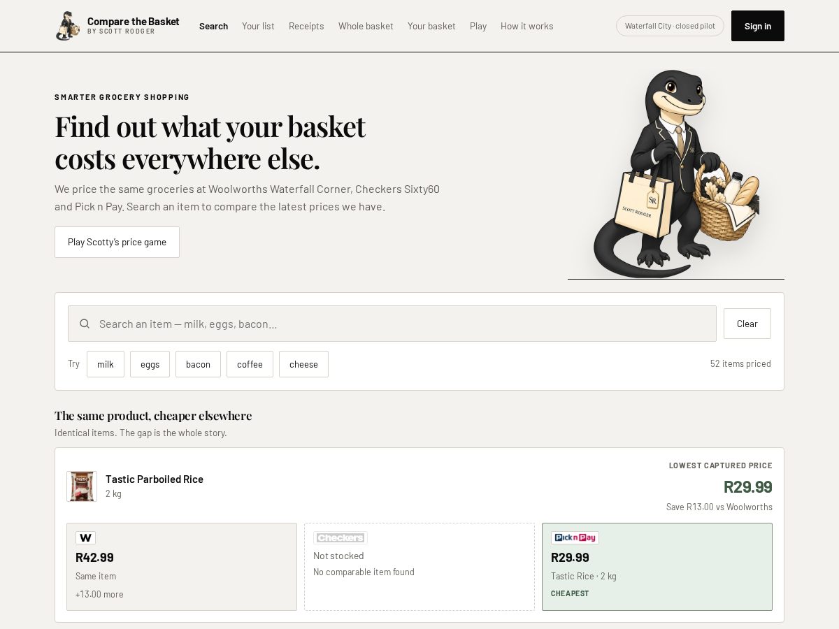 Landing-page snapshot of comparethebasket.tech