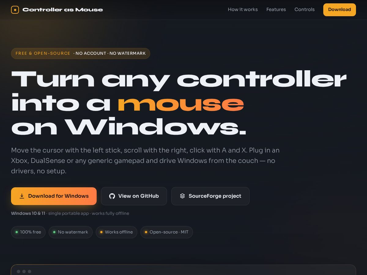 Landing-page snapshot of controllertomouse.com