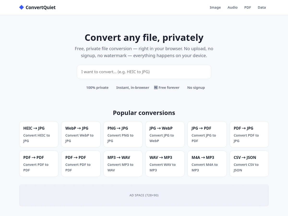 Landing-page snapshot of convertquiet.com