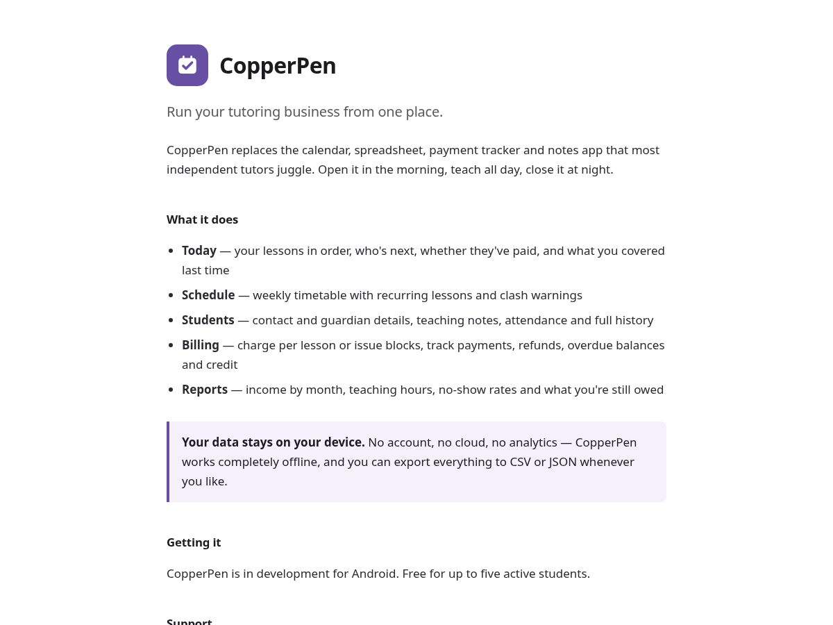 Landing-page snapshot of copperpen.app